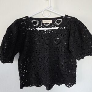 Hearts & Saints Puff Sleeve Crochet Top Black Size Large (Fits Like Sm / Medium)